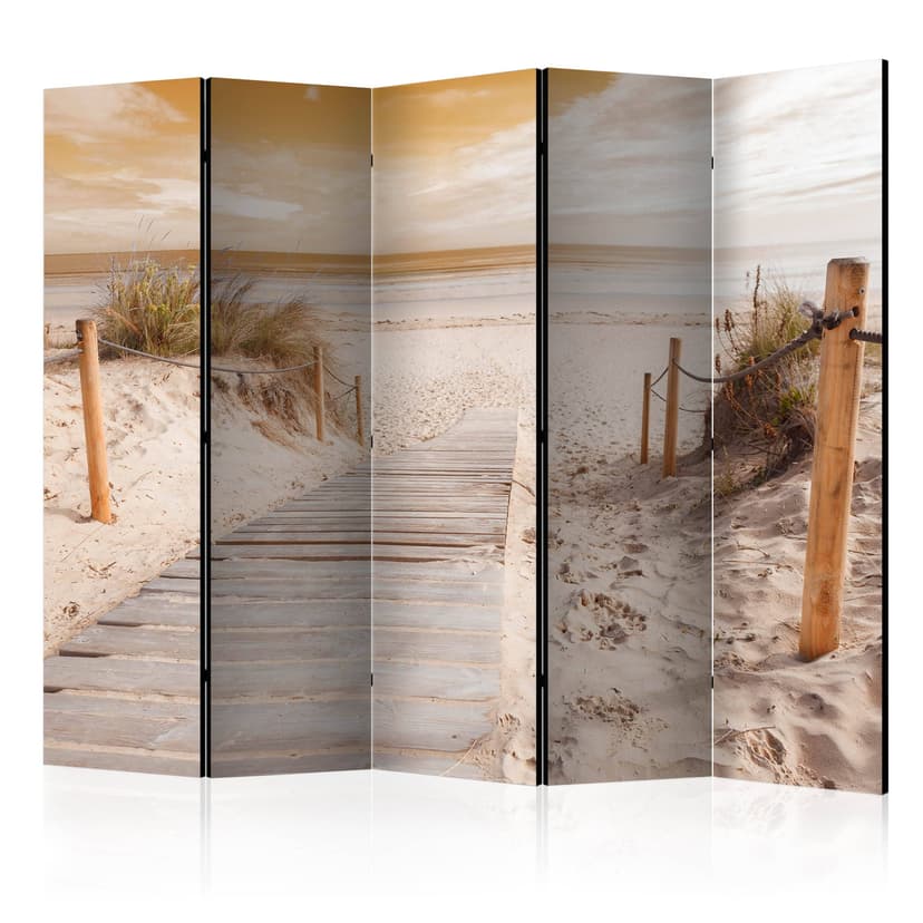 Schermo divisorio - Sulla spiaggia - seppia, 5 pezzi - 225x172 cm