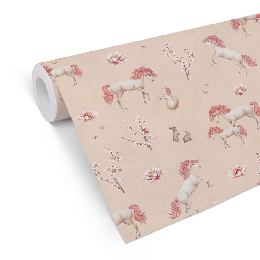 Carta da parati con motivo Unicorni incantati con fiori di ciliegio - Kikki Belle