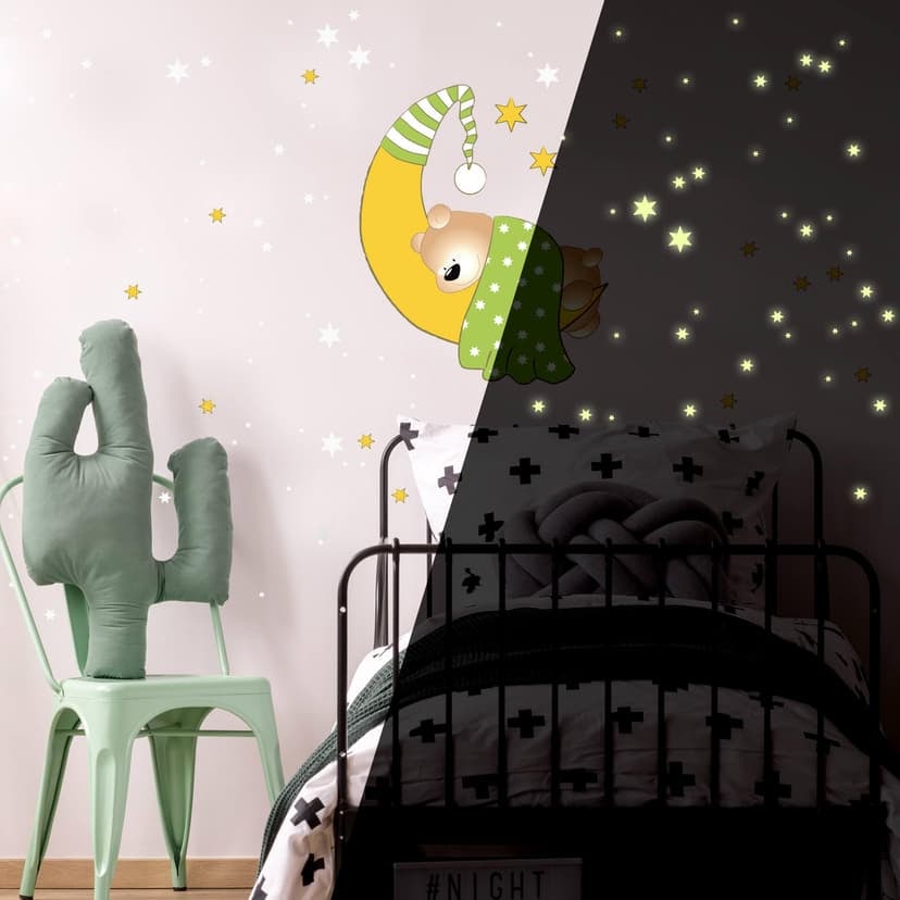 Adesivo murale - Orsacchiotto luna e stelle (verde) + stelle luminose