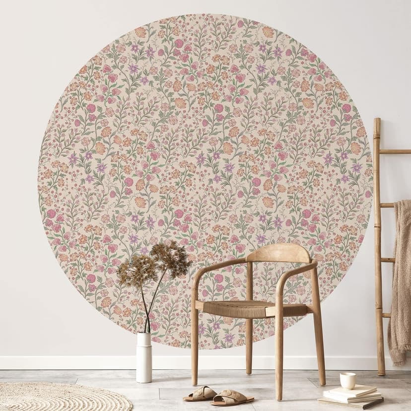 Fotomurale con fiori di prato vintage - Beige - Decorazione floreale - Rotondo - Autoadesivo/non tes