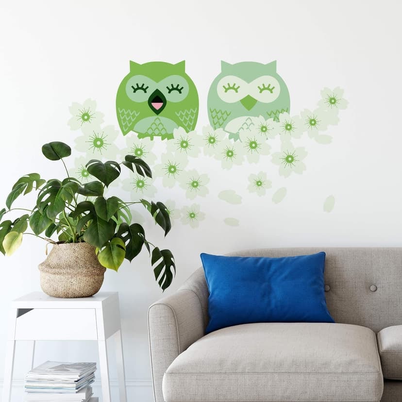 Adesivo murale - Fiori di ciliegio e civette in verde