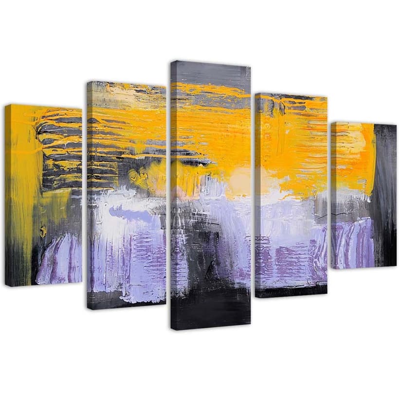 Stampa su tela 5 parti, astrazione giallo viola