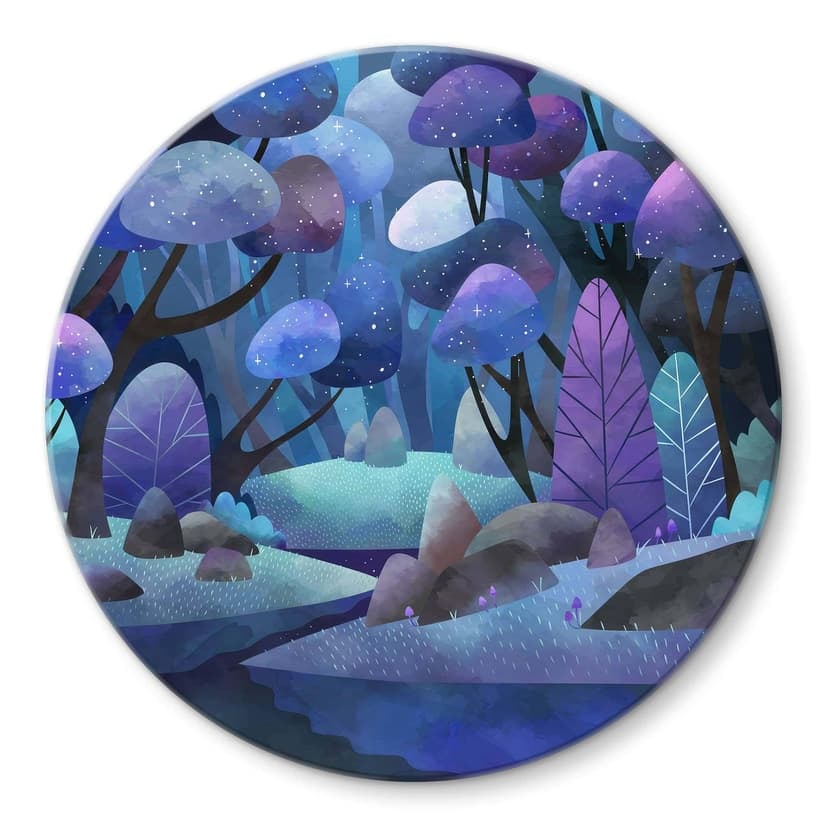 Stampa su vetro Foresta incantata in blu notte - DigitalArtsi - Tondo
