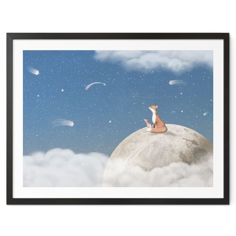 Poster Volpe sulla luna con stelle cadenti - Oliver Robins
