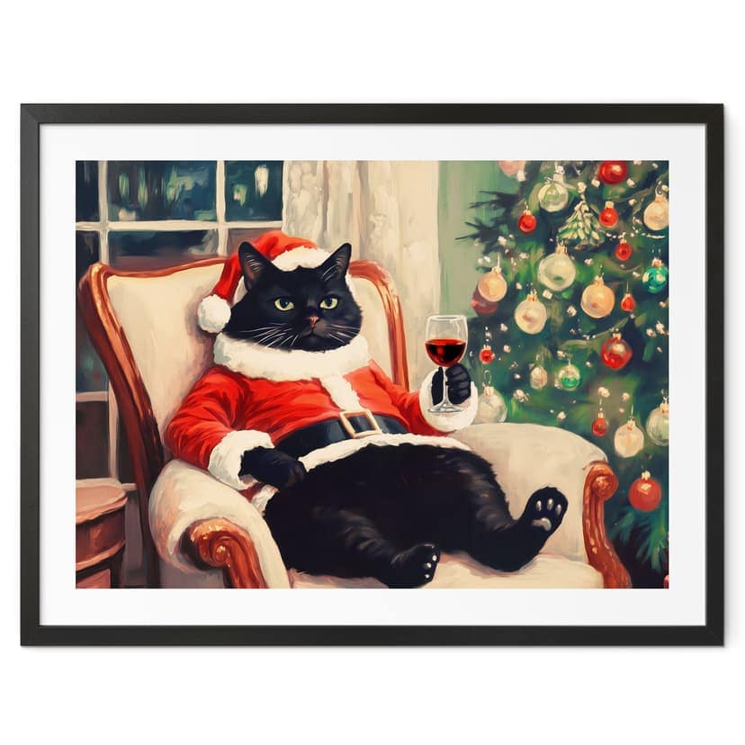 Poster umoristico gatto di Natale con vino - Melloi Art Prints