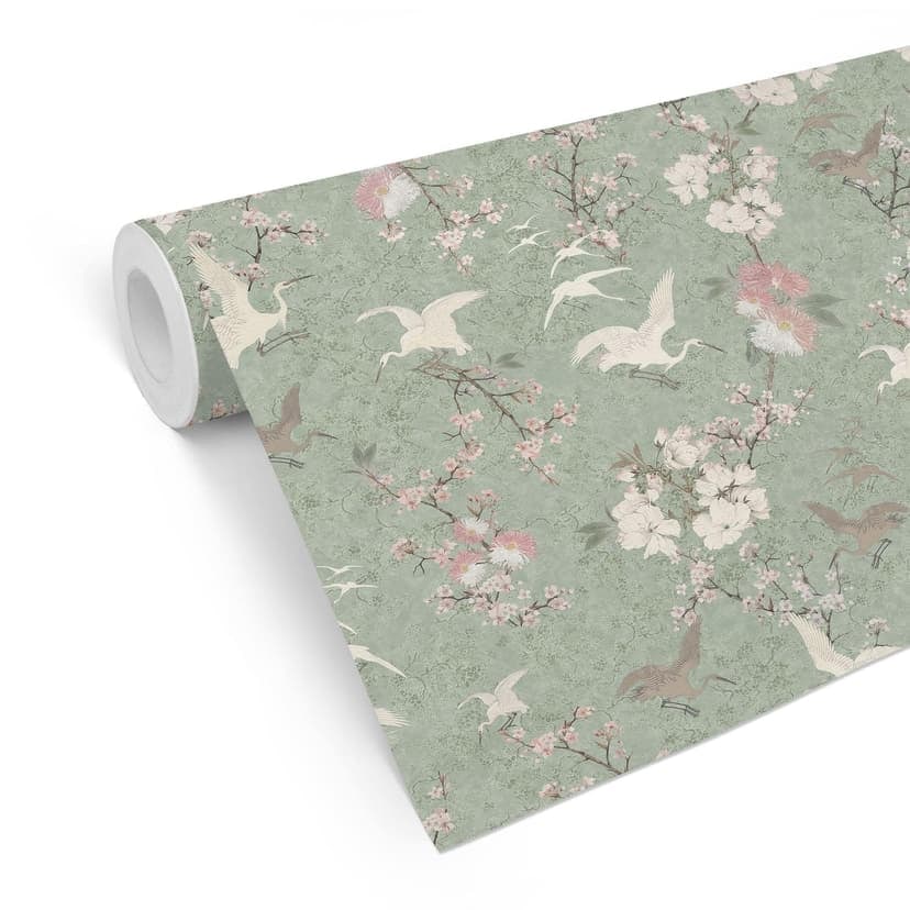 Carta da parati a motivi di gru di uccelli in fiore di ciliegio verde - Bloomery Decor