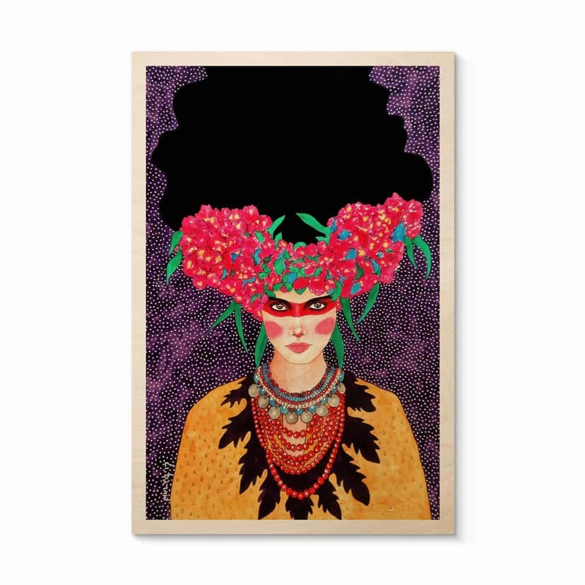 Stampa su legno di una donna con una corona di fiori e amido - Hülya