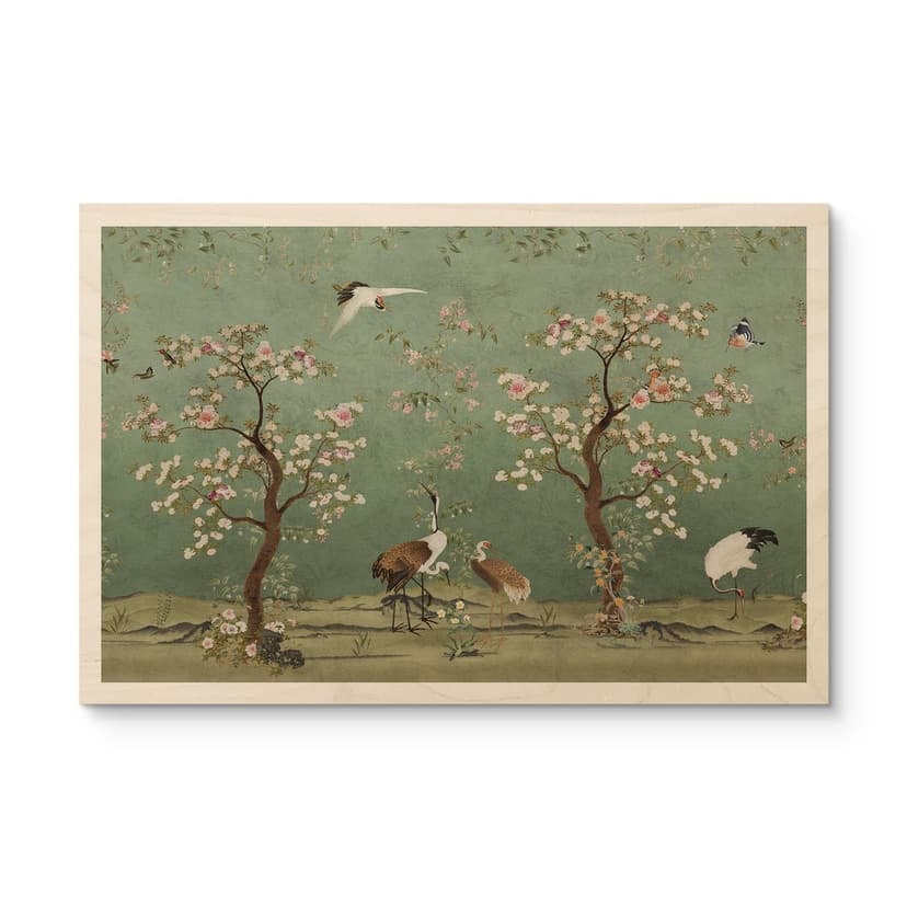 Stampa su legno di gru in un paesaggio floreale - Bloomery Decor
