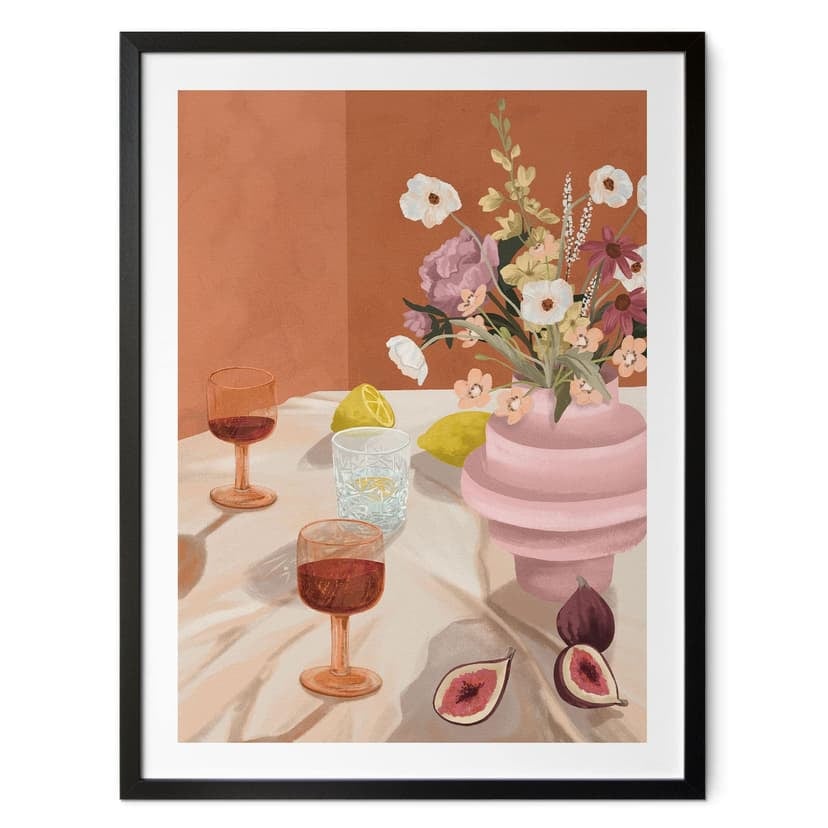 Poster Natura morta estiva con fiori e vino - Goed Blauw