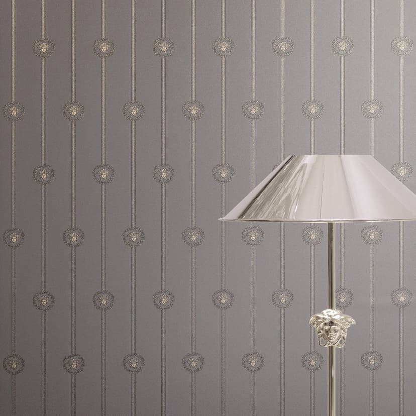 Carta da parati in tessuto non tessuto Versace I Love Baroque stripes Medusa Taupe Silver luxurious