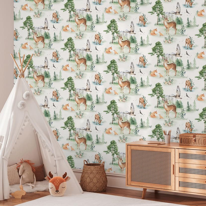 Carta da parati con animali della foresta, aspetto acquerello verde beige - Carta da parati per cameretta animali