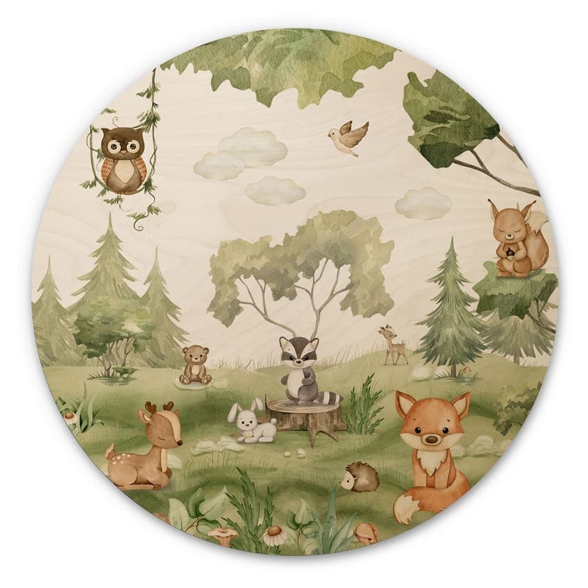 Stampa su legno Animali dolci nel cuore della foresta - Oliver Robins - Rotondo