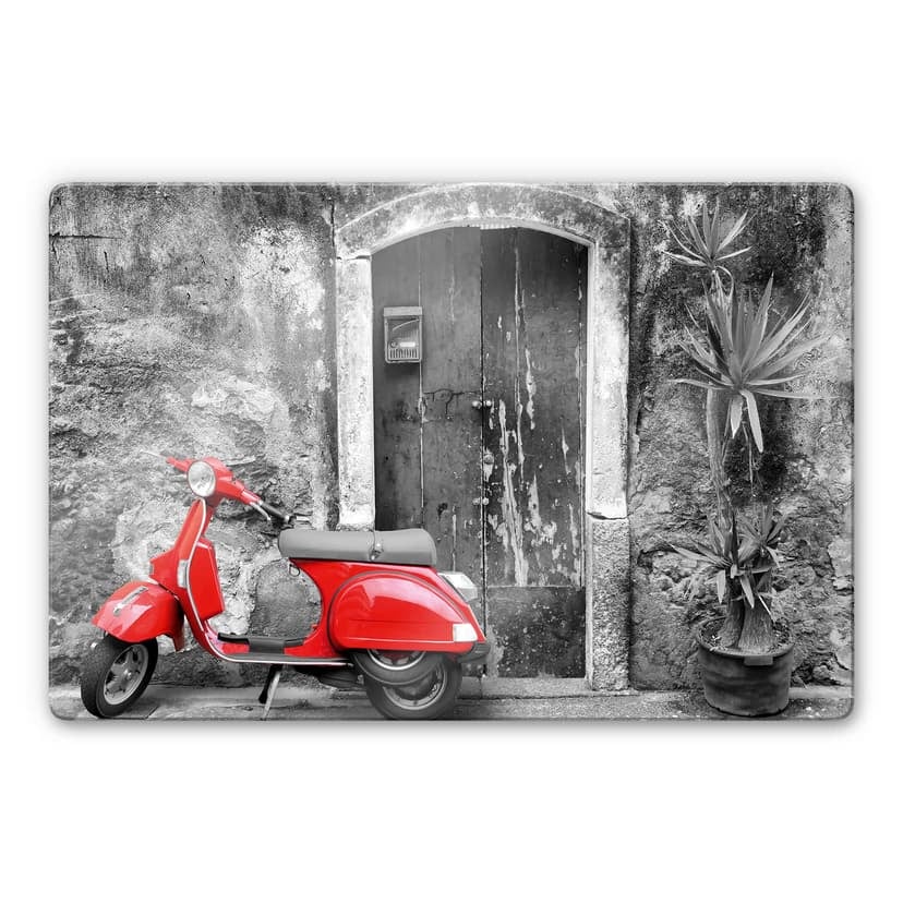 Stampa su vetro - Scooter rosso su bianco e nero.