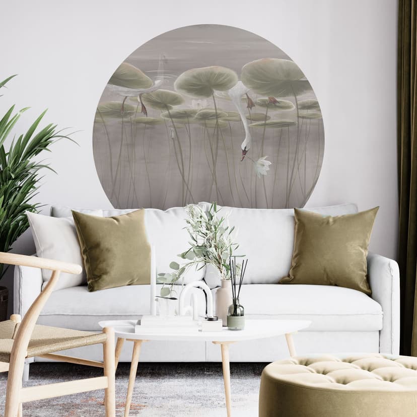 Adesivo murale fiori di loto con cigno in acqua in grigio - Ms Tiff - Rotondo