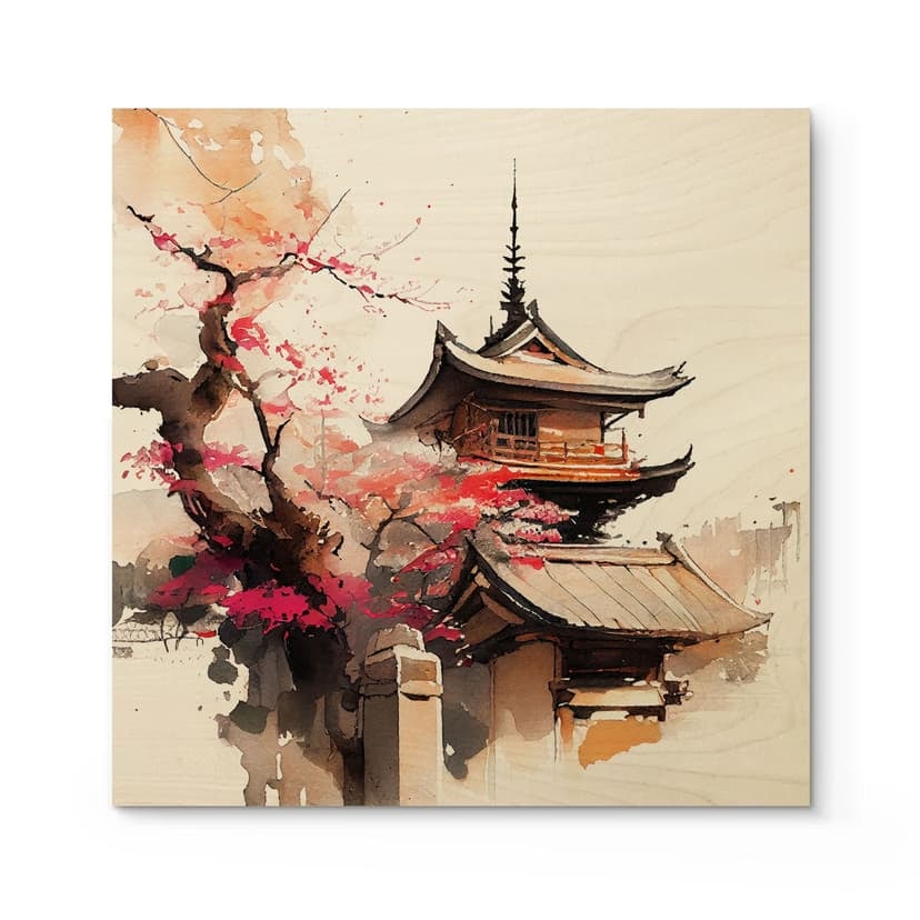 Stampa su legno Pagoda giapponese con fiori di ciliegio - Jaszke