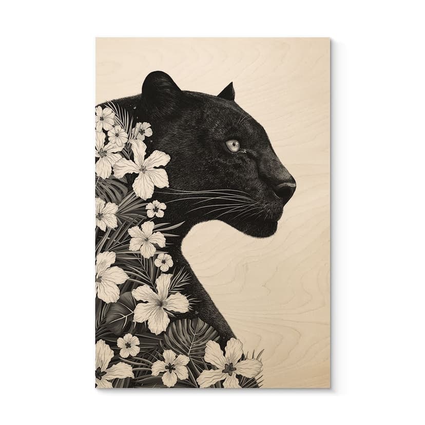 Quadro in legno pantera nera con fiori bianchi - Korenkova