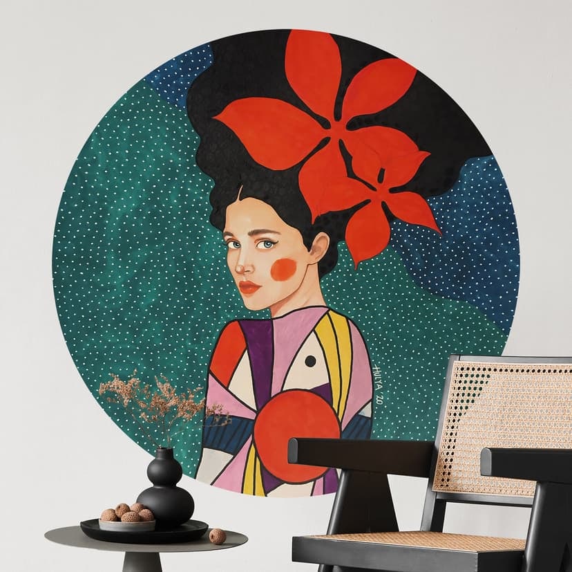 Adesivo murale Donna con fiori rossi e vestito a fantasia - Hülya - Rotondo
