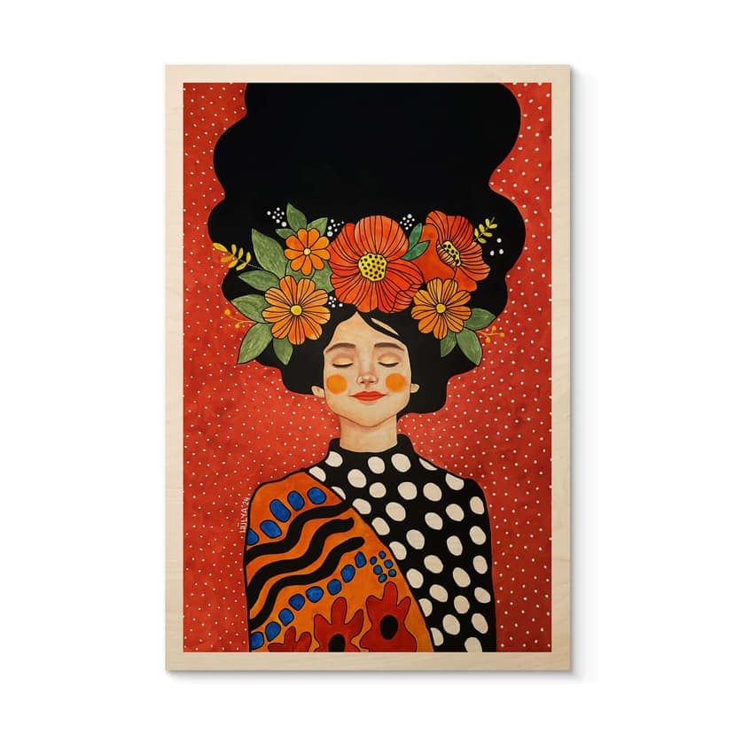 Stampa su legno Donna sorridente con fiori d'arancio - Hülya