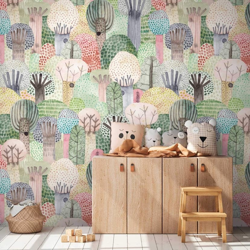 Murale con motivo foresta colorata - carta da parati in tessuto non tessuto per la camera dei bambini - disegno albero giocoso