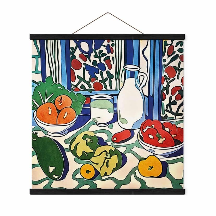 Poster tessile Frutta e verdura sul tavolo della cucina - Ispirato a Matisse - Zamart
