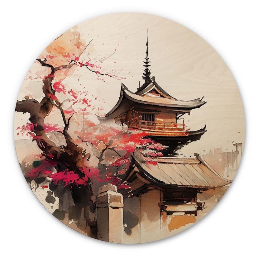 Stampa su legno Pagoda giapponese con fiori di ciliegio - Jaszke