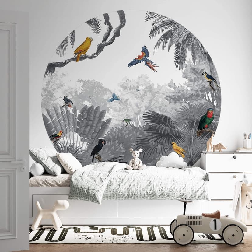 Fotomurale tondo Kikki Belle - Uccelli tropicali in bianco e nero - carta da parati in tessuto non t