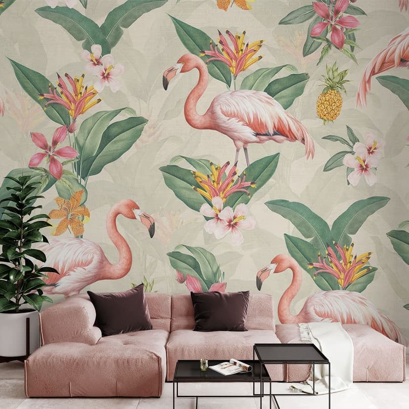 Fotomurale estivo - fenicottero e foglie tropicali - Bloomery Decor