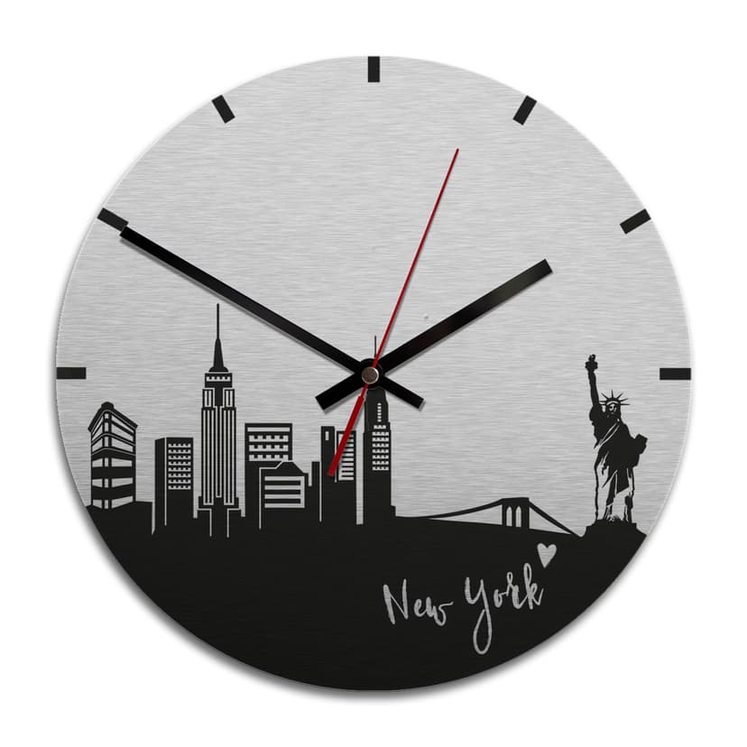 Wanduhr Alu-Dibond-Silbereffekt - Skyline New York