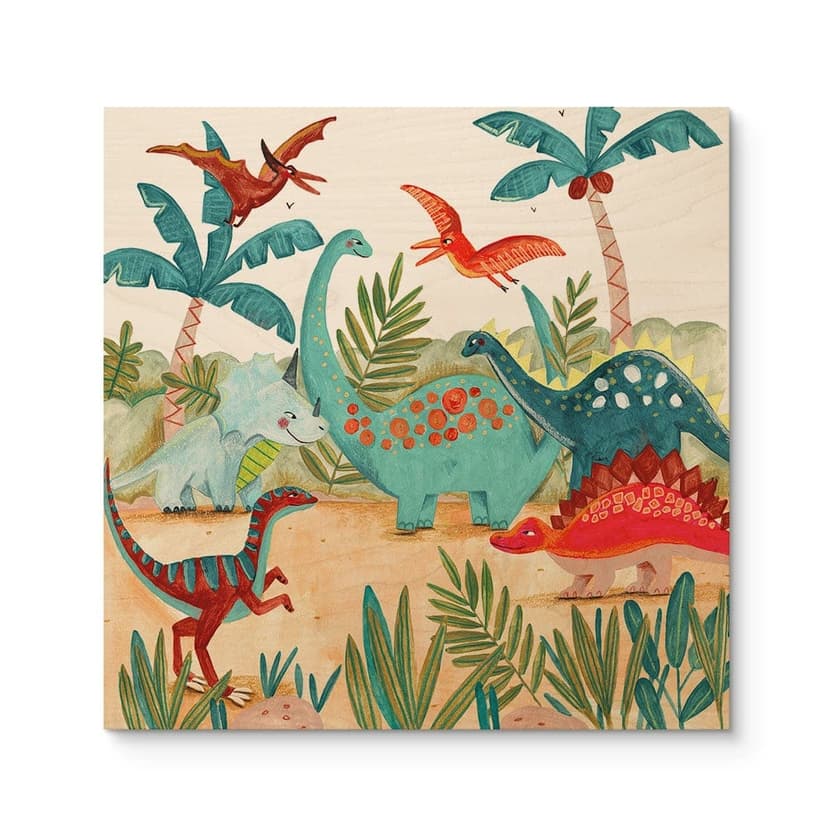 Quadro in legno Dinosauri colorati nella foresta primordiale - Bonne Müller - Quadrato