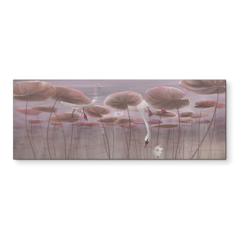 Stampe per pareti con fiori di loto e cigno nell'acqua in rosa antico - Ms Tiff - Alu-Dibond Panoram