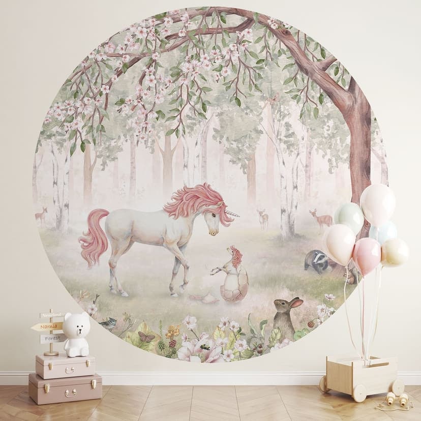 Fotomurale tondo Bosco fatato con unicorni - Kikki Belle - carta da parati in tessuto non tessuto/ca