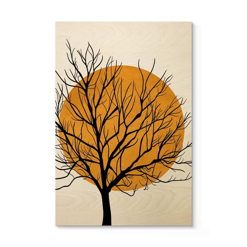 Stampa su legno Kubistika - Sole dorato dietro un albero