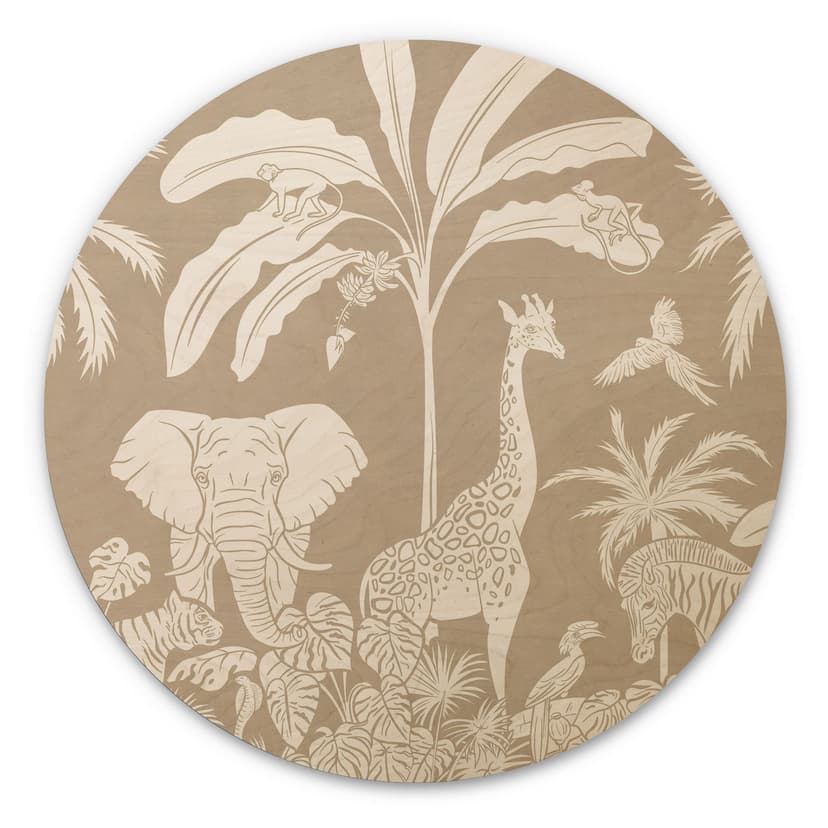 Stampa su legno jungle dreams - Animali africani in marrone - Kikki Belle - Rotondo