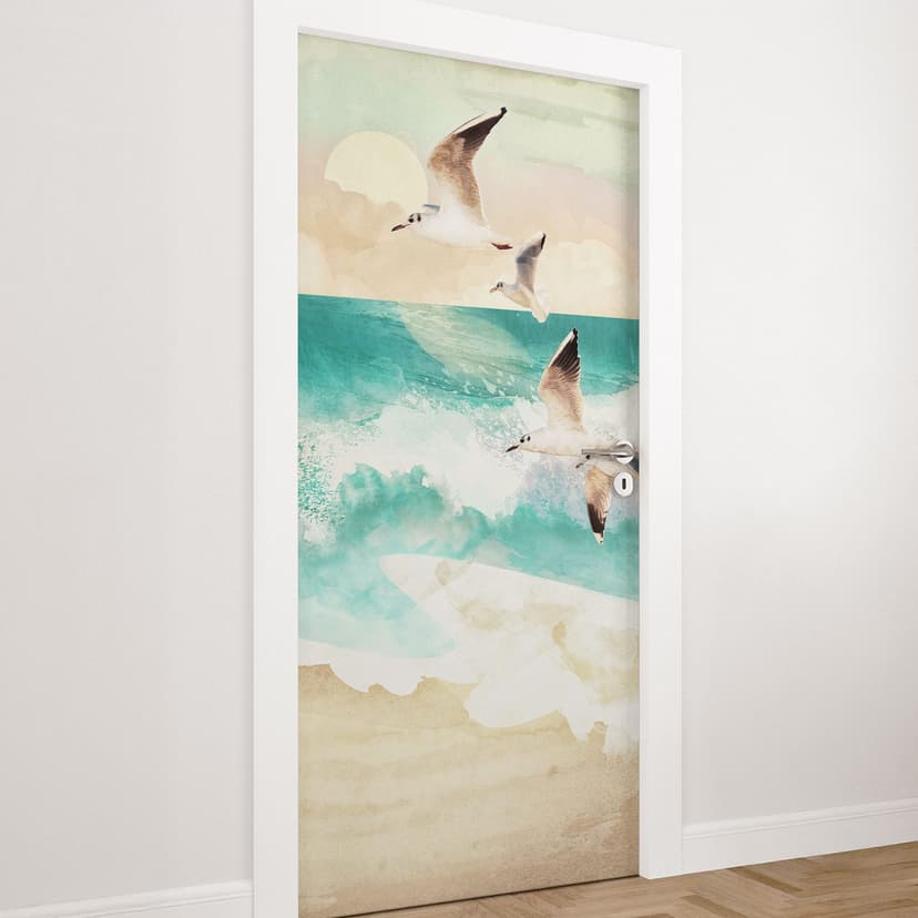 Pellicola per porta Gabbiani sulla spiaggia - SpaceFrog Designs - Decorazione autoadesiva per porta