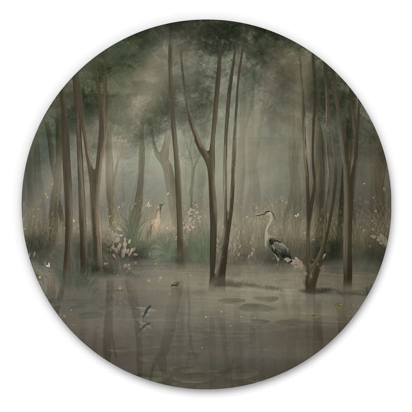 Stampa su legno foresta di nuvole al lago con airone in verde - Ms Tiff - Rotondo