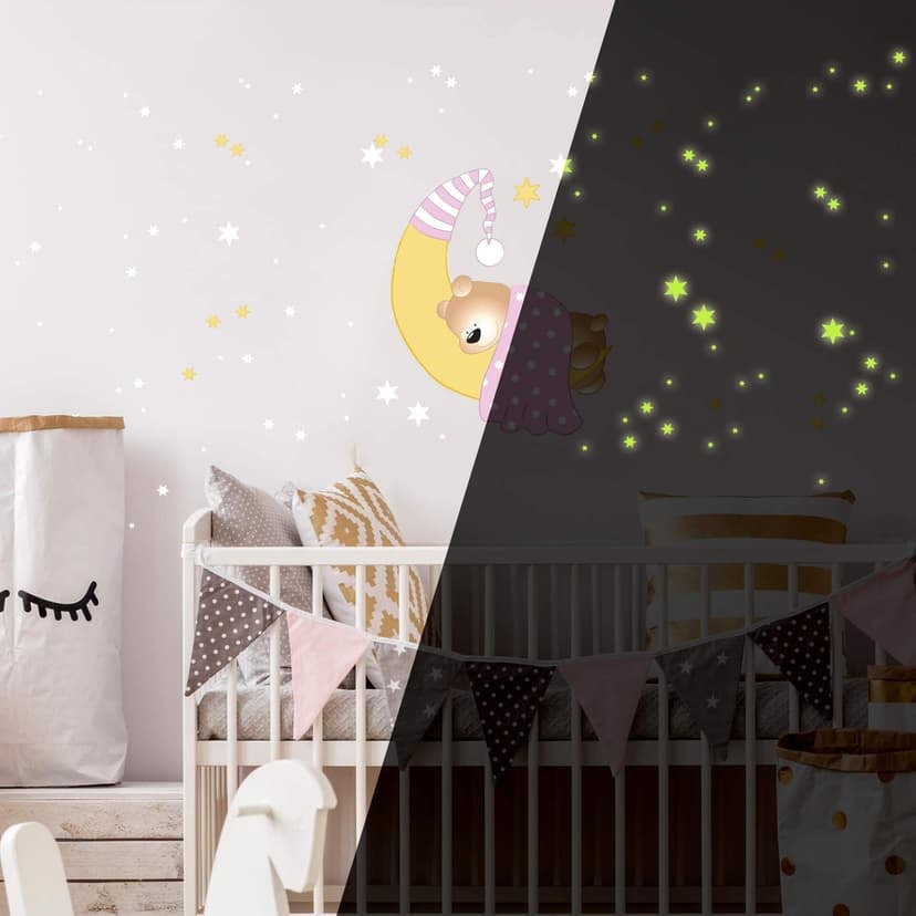 Adesivo murale - Orsacchiotto luna e stelle (rosa) + stelle luminose