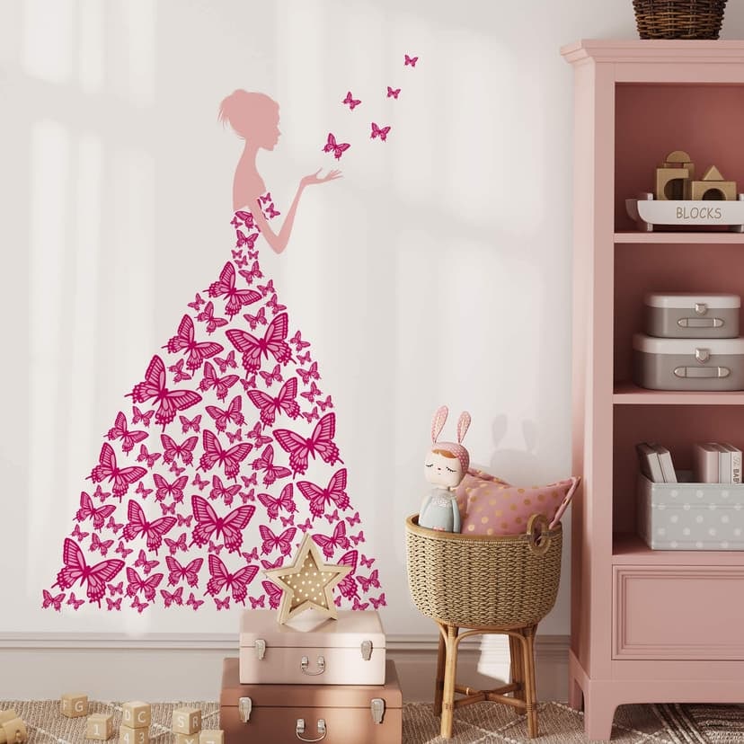 Adesivo murale - Dama con farfalle (rosa)
