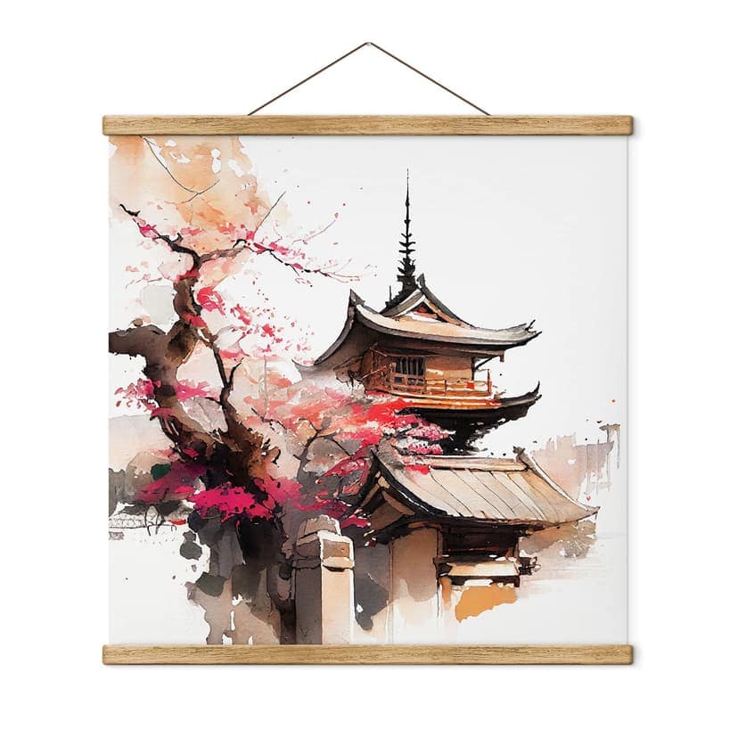 Poster tessile Pagoda giapponese con fiori di ciliegio - Jaszke