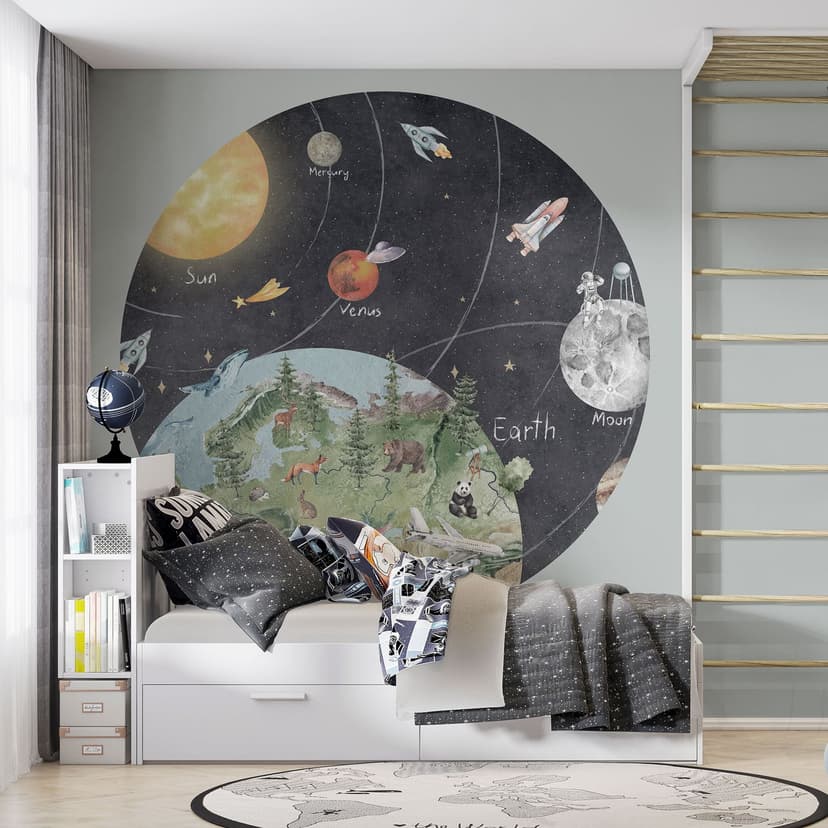 Fotomurale per bambini Sistema solare con pianeti e terra - Ms Tiff - Rotondo - Autoadesivo/non tess
