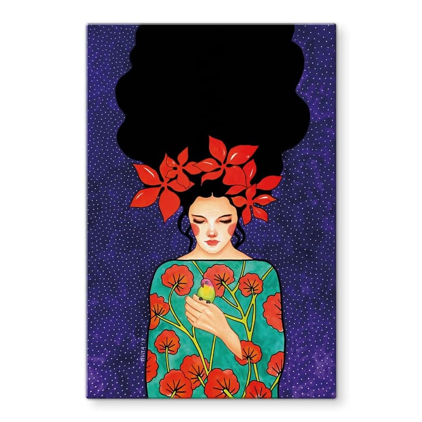 Stampa su vetro Donna con corona di fiori rossi e uccello - Hülya