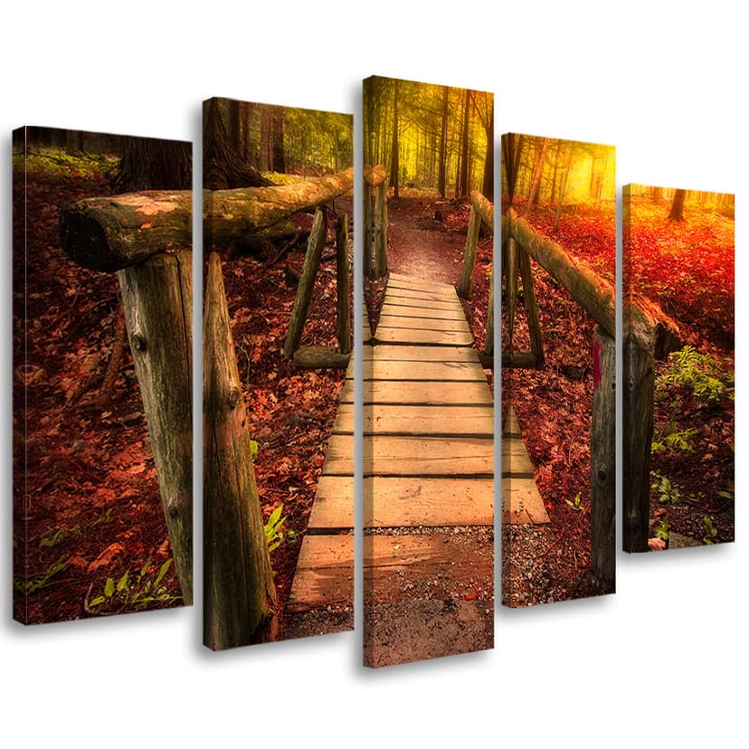 Stampa su tela 5 pezzi Foresta d'autunno Foglie ponte