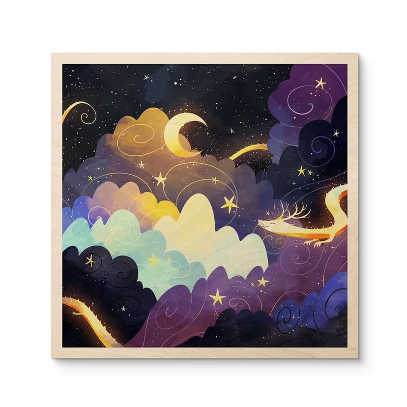 Stampa su legno di un aquilone che vola tra le nuvole stellate - DigitalArtsi