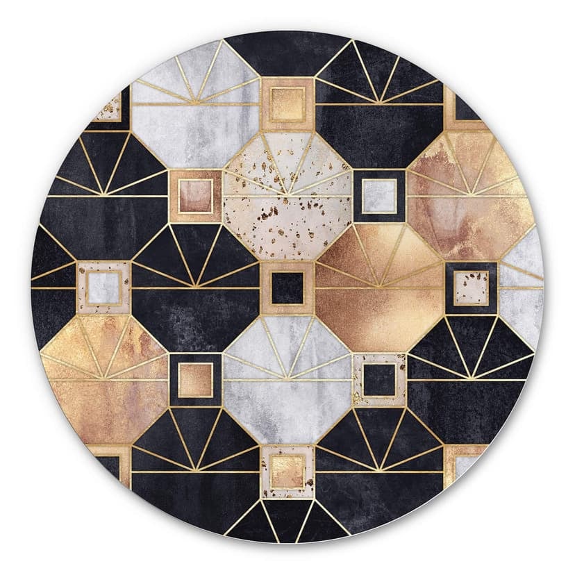 Alu-Dibond Fredriksson - Art Deco: Gold und schwarz - Rund