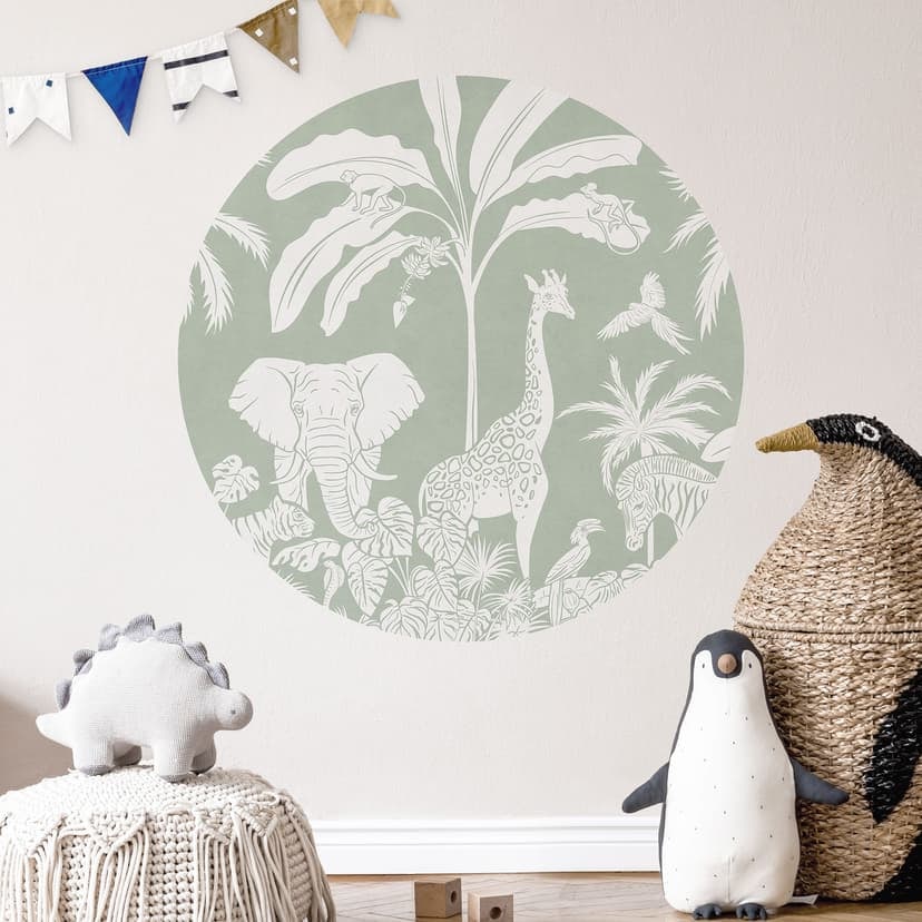 Adesivo murale con animali della giungla in verde tropicale - Kikki Belle - Tondo