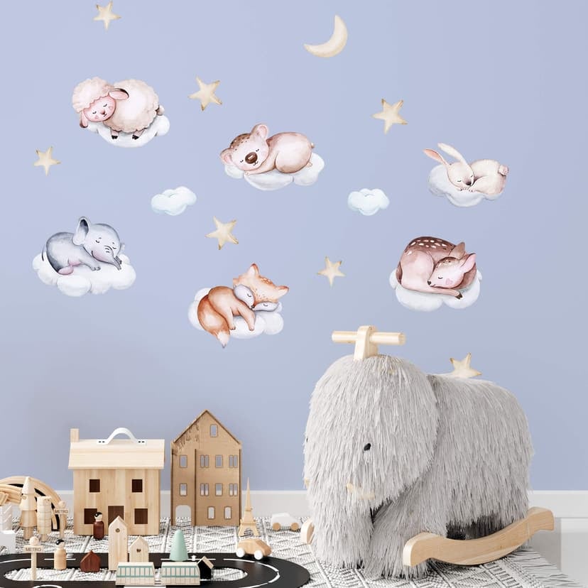 Decalcomania murale per la camera dei bambini Animali che dormono sulle nuvole con luna e stelle (16
