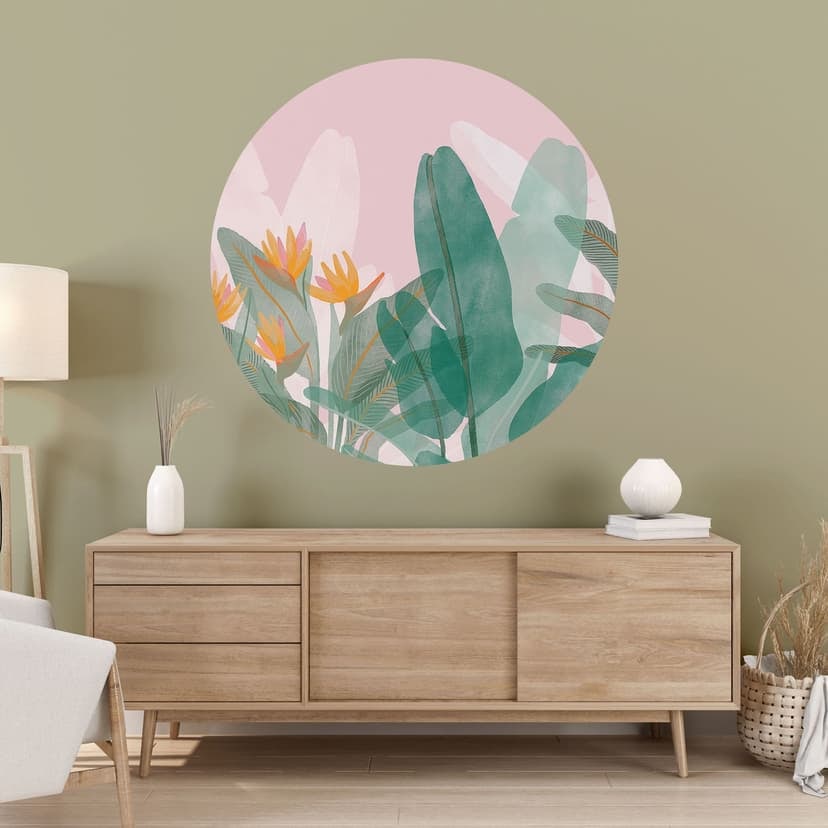 Adesivo murale illustrazione botanica in verde e rosa - Goed Blauw - Rotondo