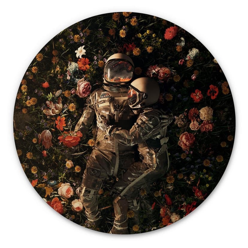 Stampa su legno Astronauti su un prato fiorito - Nicebleed