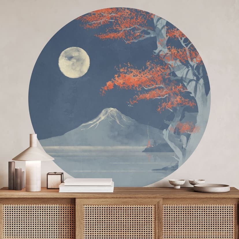 Adesivo murale con la luna piena sulla cima del Fuji-san - Roze - Round