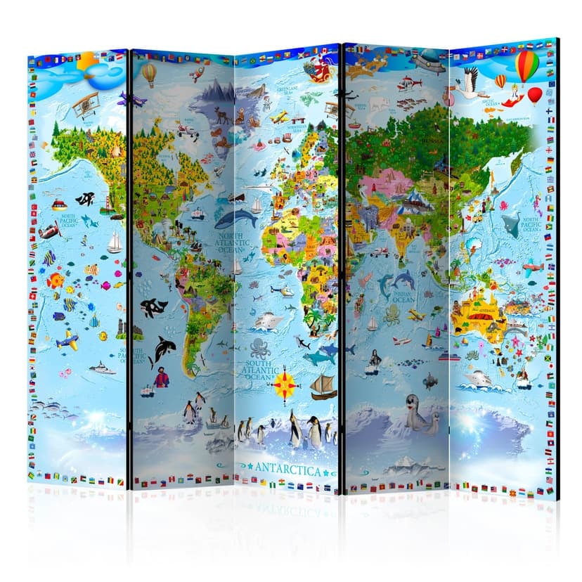 Schermo divisorio - Mappamondo per bambini , 5 pezzi - 225x172 cm
