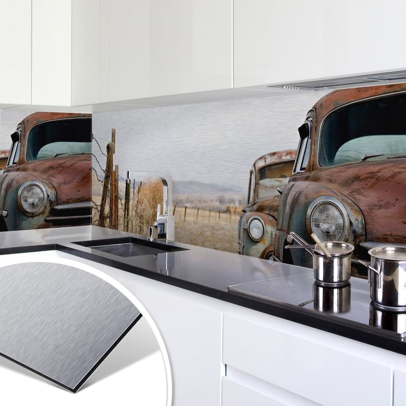 Rivestimento cucina - Alu-Dibond argentato - Macchine d'epoca arruginite